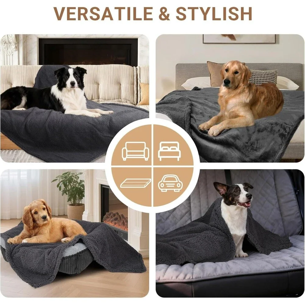 ZAKAPAWS Waterproof Dog Blanket Sherpa Fleece Large Pet Throw Gray 60x80 New
